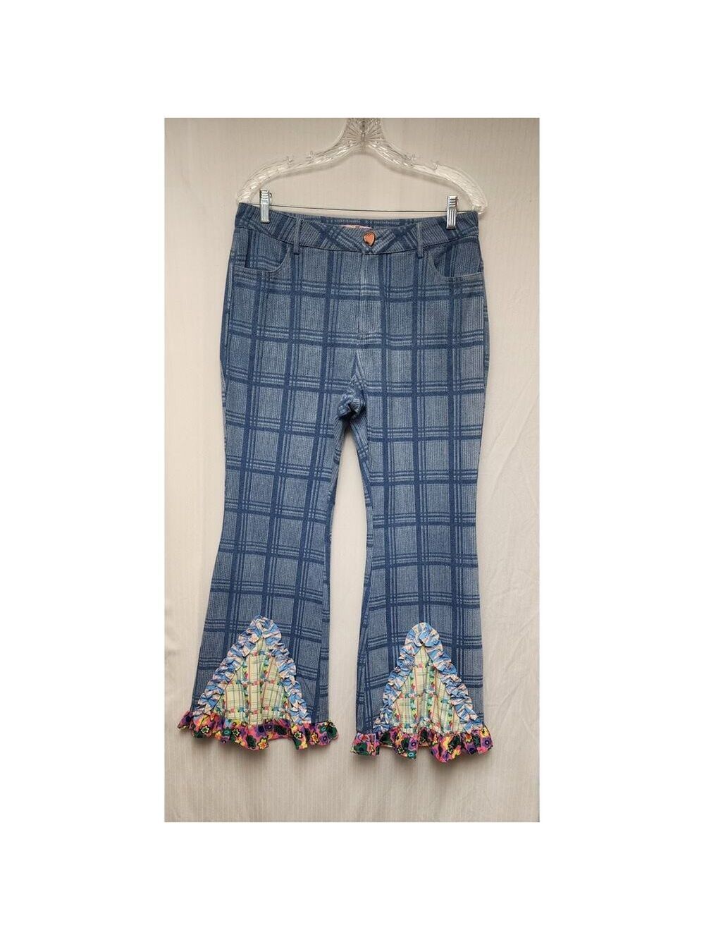 TNTNTUTU Women's Ruffled Splice Plaid Flared Pants Size XL Multicolor Blue - Picture 3 of 8